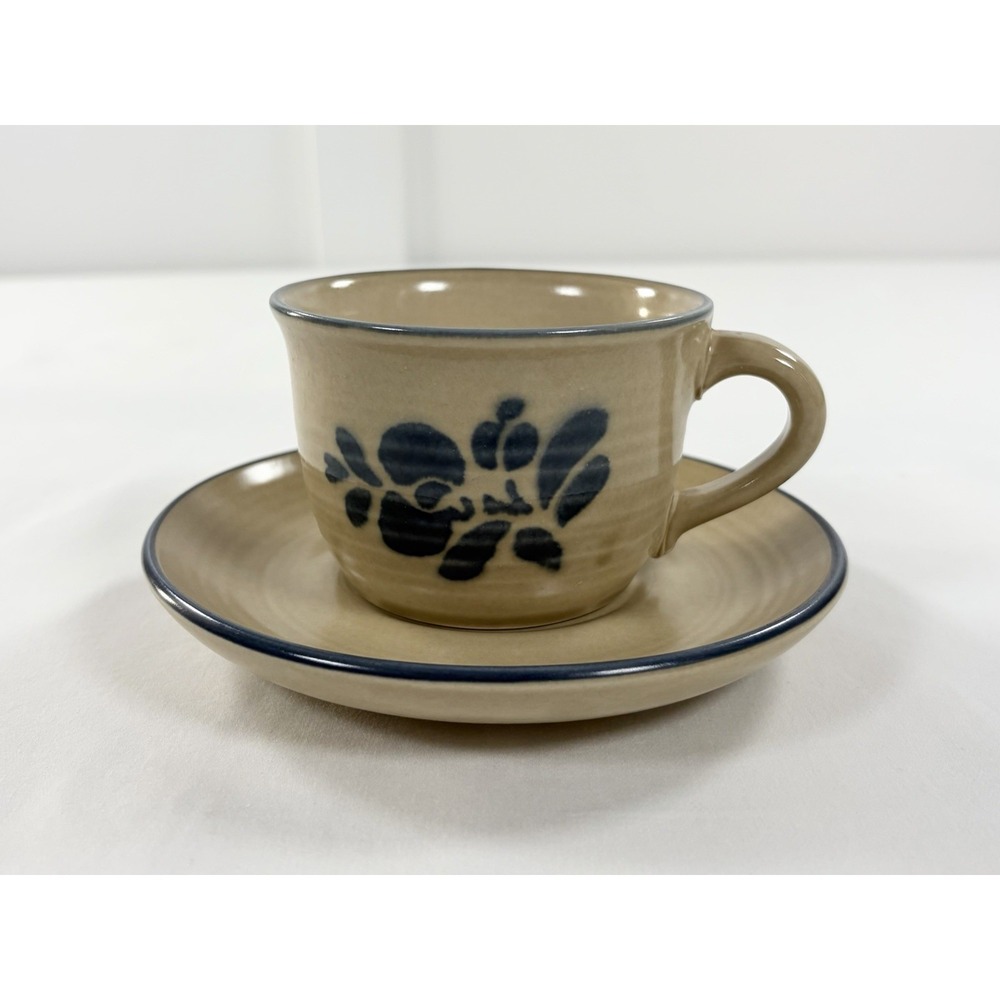 Vintage‎ Pfaltzgraff Folk Art Stoneware Coffee Cup Saucer Set Tan Blue Floral